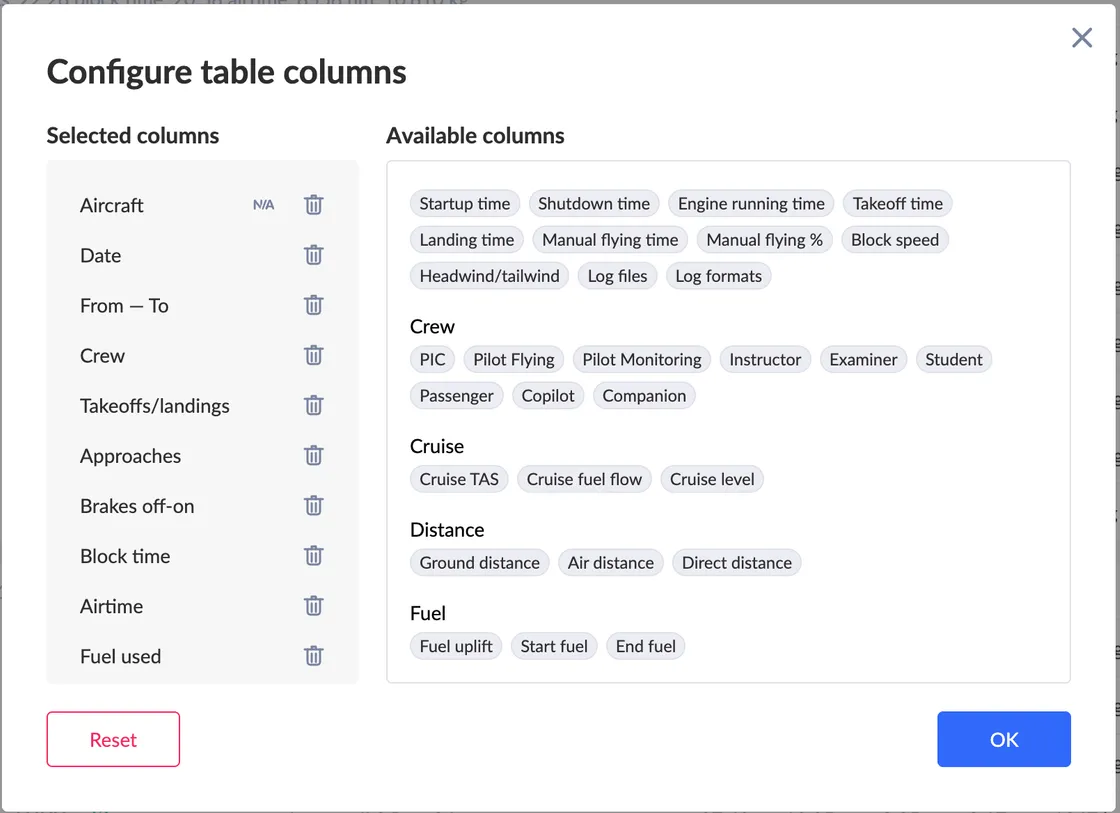 Easier selection of columns for the flight and approach tables