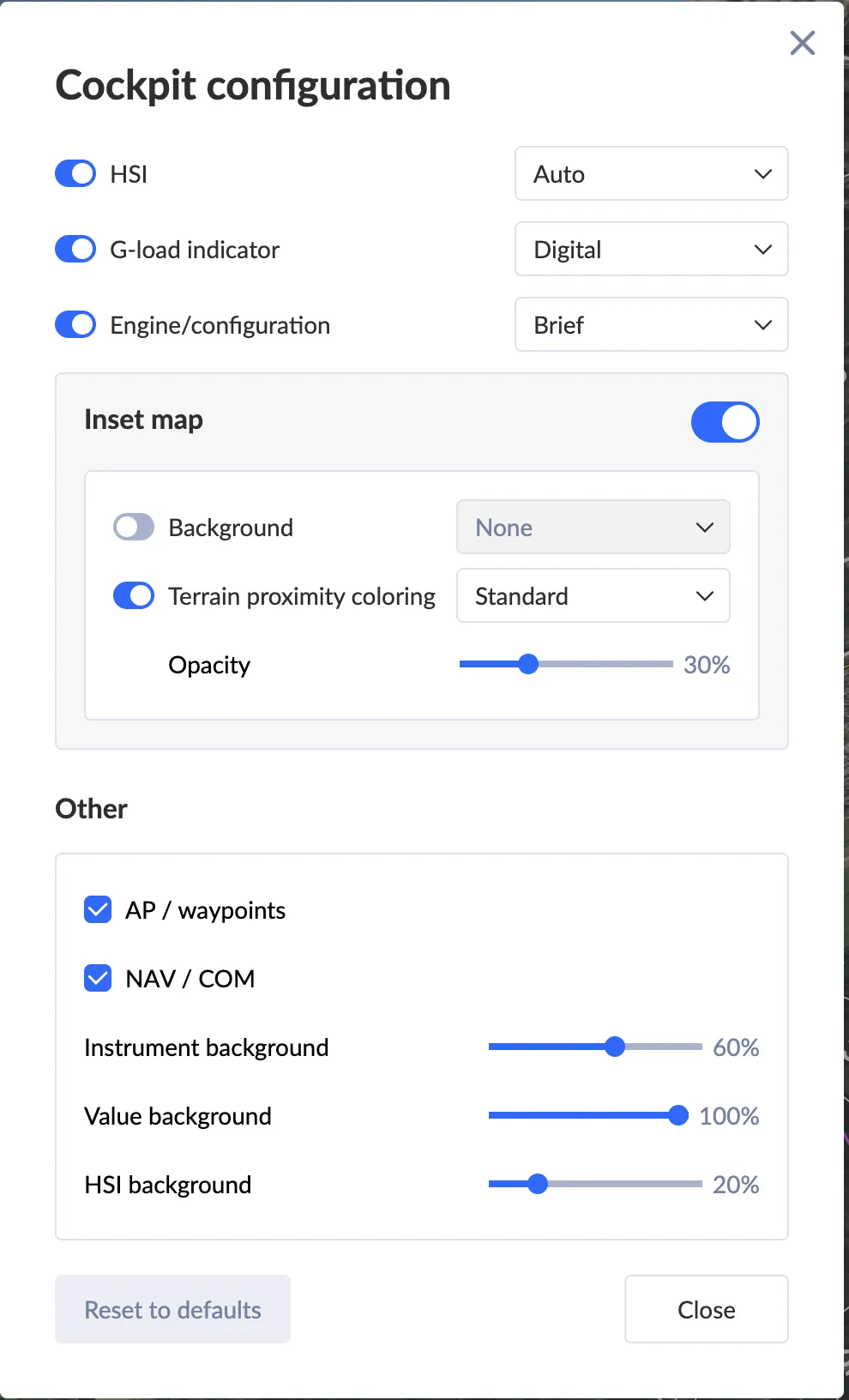 Control background opacity for instruments in Cockpit and Video views