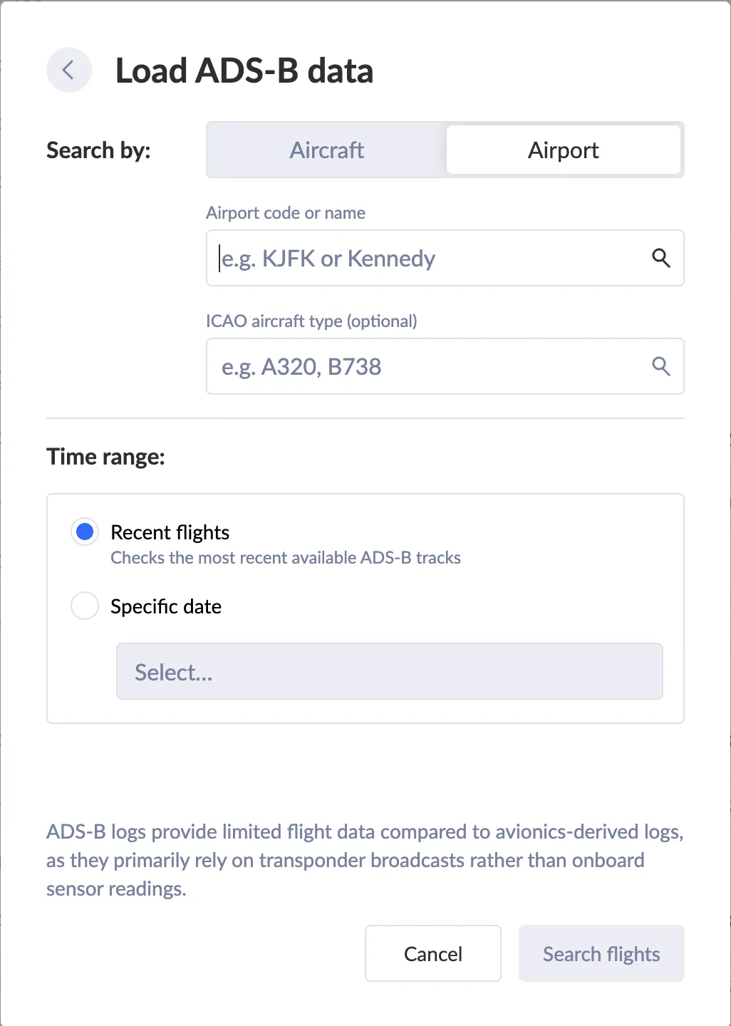 View flights to or from a selected airport