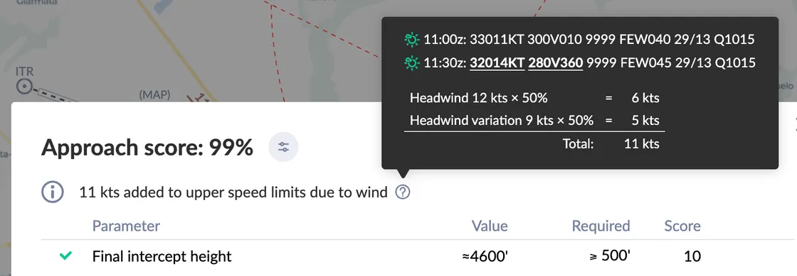 Variable wind correction for Approach Score