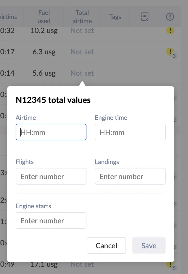 Track aircraft total hours and other values