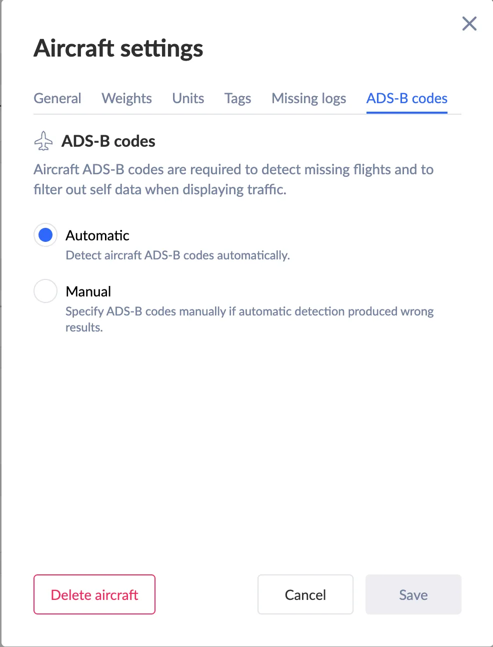 Set ADS-B/Mode-S Hex-Code for your aircraft for correct detection of missing flights using ADS-B data