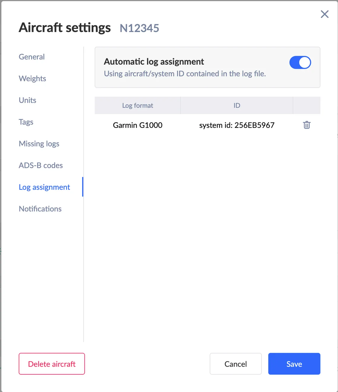 Log file aircraft auto assignment settings