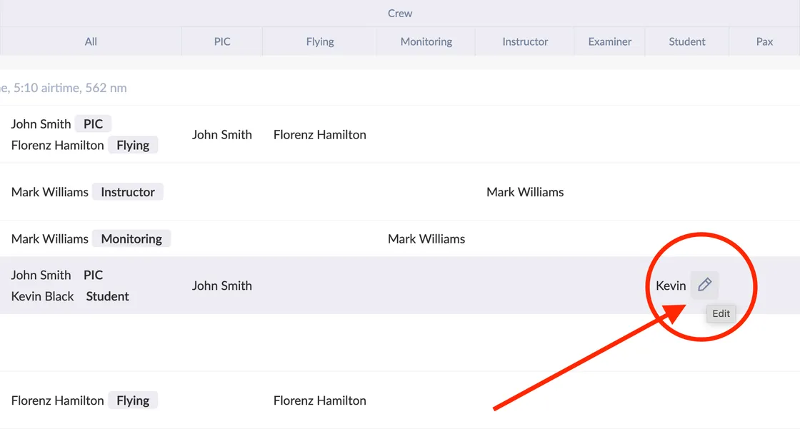 Editable Single Crew Roles in Flight List Table