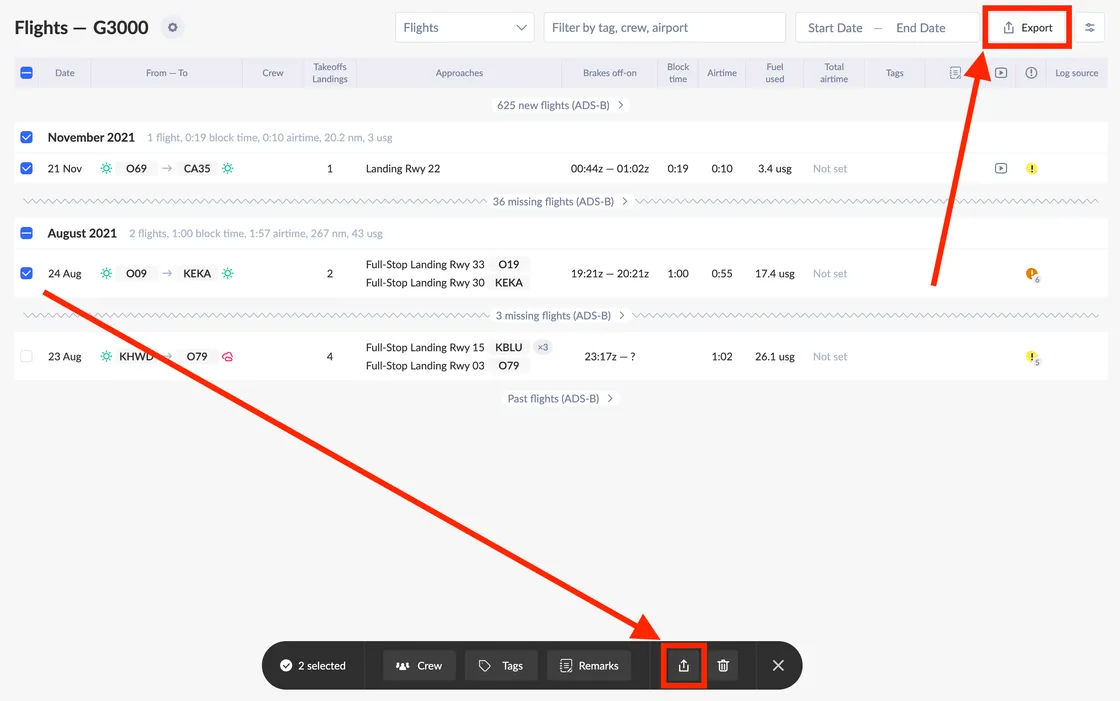 Export to SafeLog and LogTen logbooks